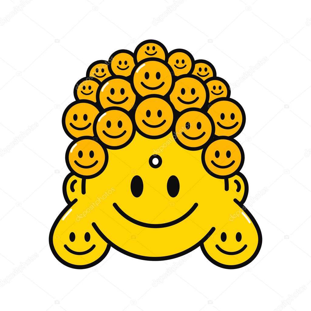 Funny cute smile Buddha face for t-shirt print art. Vector line doodle cartoon graphic illustration logo design. Isolated on white background.Smile Buddha face print for poster, t-shirt concept