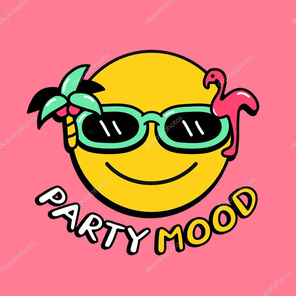 Funny smile face in sunglasses. Party mood quote text. Smile party face,funny sunglasses print for t-shirt,poster,sticker,logo concept