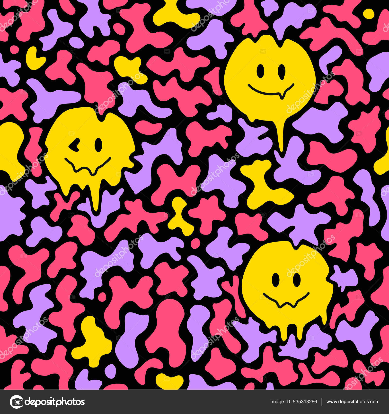 面白い溶融笑顔はシームレスなパターンの壁紙に直面しています。ベクトル漫画のキャラクターのイラスト。笑顔は溶融、 lsd 、シュールな 、酸、トリッピー、テクノシームレスなパターンの壁紙のプリントコンセプト ストックベクター ©Kahovsky 535313266, image size:1600x1700