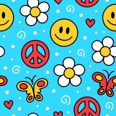Şirin komik kawaii gülen yüz, mavi arkaplansız desenli çiçekler. Vektör çizgi film kawaii karakter çizimi. Positif klasik gülümseme yüz, papatya çiçeği, hippiler için kusursuz desenli konsept.