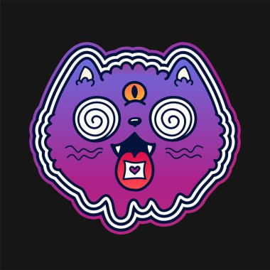 Dil tişörtünde LSD izi olan garip bir kedi. Vektör el çizimi çizgi film karakteri çizimi. Trippy cat, psychedelic kittie, lsprint for T-shirt, poster, sticker, logo konsepti