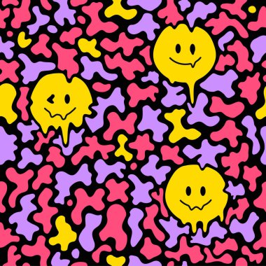 Komik eriyen gülümseme, kusursuz desenli duvar kağıdı. Vektör çizgi film karakteri çizimi. Gülen yüzler erir, lsd, sürreal, acid, trippy, tekno-dikişsiz duvar kağıdı deseni deseni kavramı.