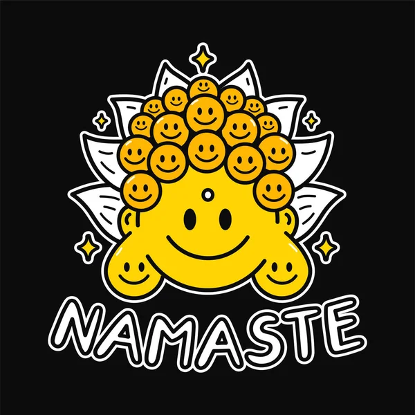 Vicces aranyos mosoly Buddha arc a póló nyomtatás művészet. Namaste szöveges idézet. Vektor vonal firka rajzfilm grafika illusztráció logó design.Smile Buddha arc, namaste szó nyomtatás poszter, póló koncepció — Stock Vector