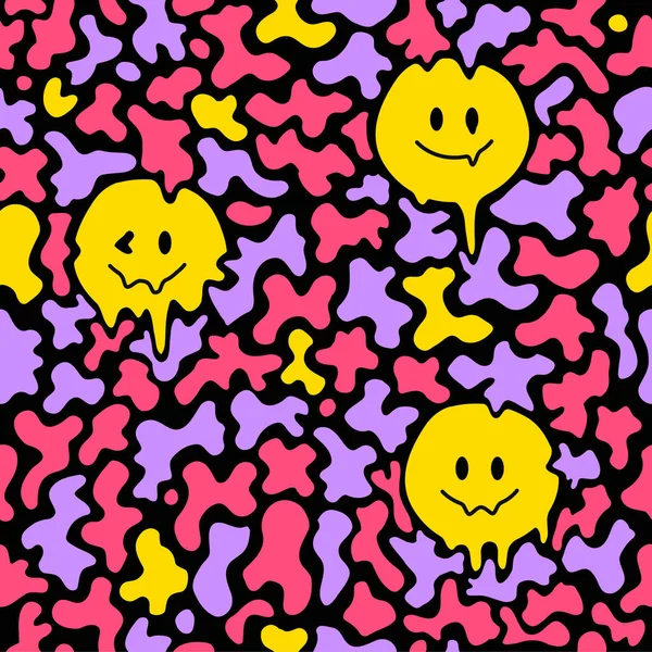 Lustige Schmelze Lächeln Gesicht nahtlose Muster wallpaper.Vector Cartoon Charakter illustration.Smile Gesichter schmelzen, lsd, surreal, Säure, trippy, Techno nahtlose Muster Tapete Print-Konzept — Stockvektor