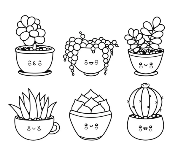 Bonito feliz engraçado suculentas plantas, cactos, flor emoji conjunto collection.Vector colorir desenho animado kawaii personagem illustration.Plants página para colorir livro bundle concept.Isolated no fundo branco —  Vetores de Stock