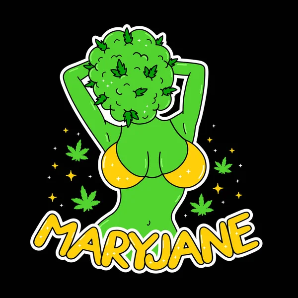 雑草の芽の頭を持つ若い女性。メアリージェーン引用ベクトル手がトレンディーな漫画のロゴイラストを描きました。女性、女性、緑の雑草の芽、大麻、マリファナファッションプリント用Tシャツ、ポスター、ロゴ、ステッカーコンセプト — ストックベクタ