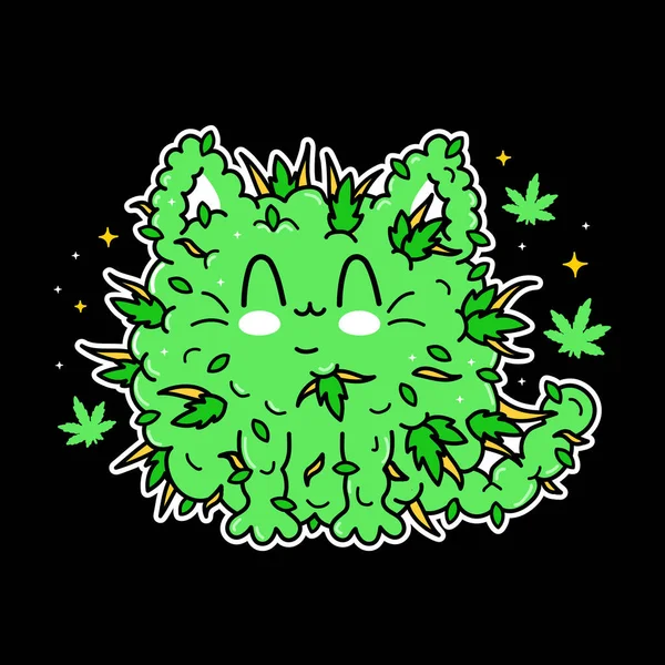 Söt rolig katt ogräs knopp t-shirt print.Vector hand dras trendiga tecknad logotyp illustration. Katt, kattunge, grön gräs knopp, cannabis, marijuana mode tryck för t-shirt, affisch, logotyp, klistermärke koncept — Stock vektor