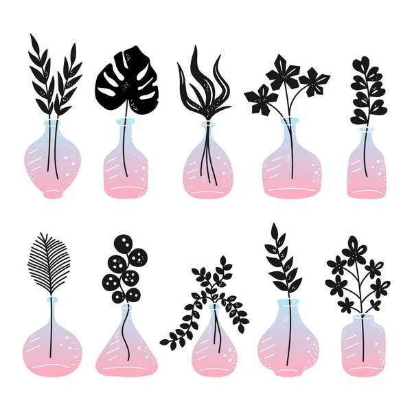 Folhas, flores, plantas e ramos em garrafas e vasos coleção set. Vector mão desenhada linha de desenho escandinavo ilustração estilo. Casa planta, folhas em vasos de vidro conjunto conceito —  Vetores de Stock