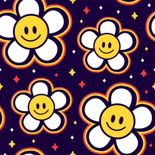 Visage emoji sourire en fleur motif sans couture. Vecteur dessiné à la main illustration du logo de bande dessinée à la mode. Visage sourire hippie, fleur de camomille, années 60, 70, mode groovy concept d'impression de motif sans couture — Image vectorielle