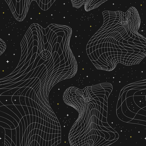Deformed flex distorted grid in space, psychedelic acid lines seamless pattern.Vector graphic illustration.Psychedelic grid,distortion,techno,acid trippy seamless pattern print - Stok Vektor