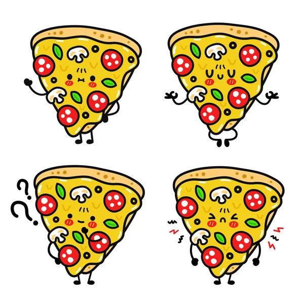 Roztomilá veselá pizza maskot set kolekce. Vektorové kreslené čáry kawaii znak ilustrace ikona. Izolované na bílém pozadí. Pizza karikatura maskot bundle set koncept — Stockový vektor