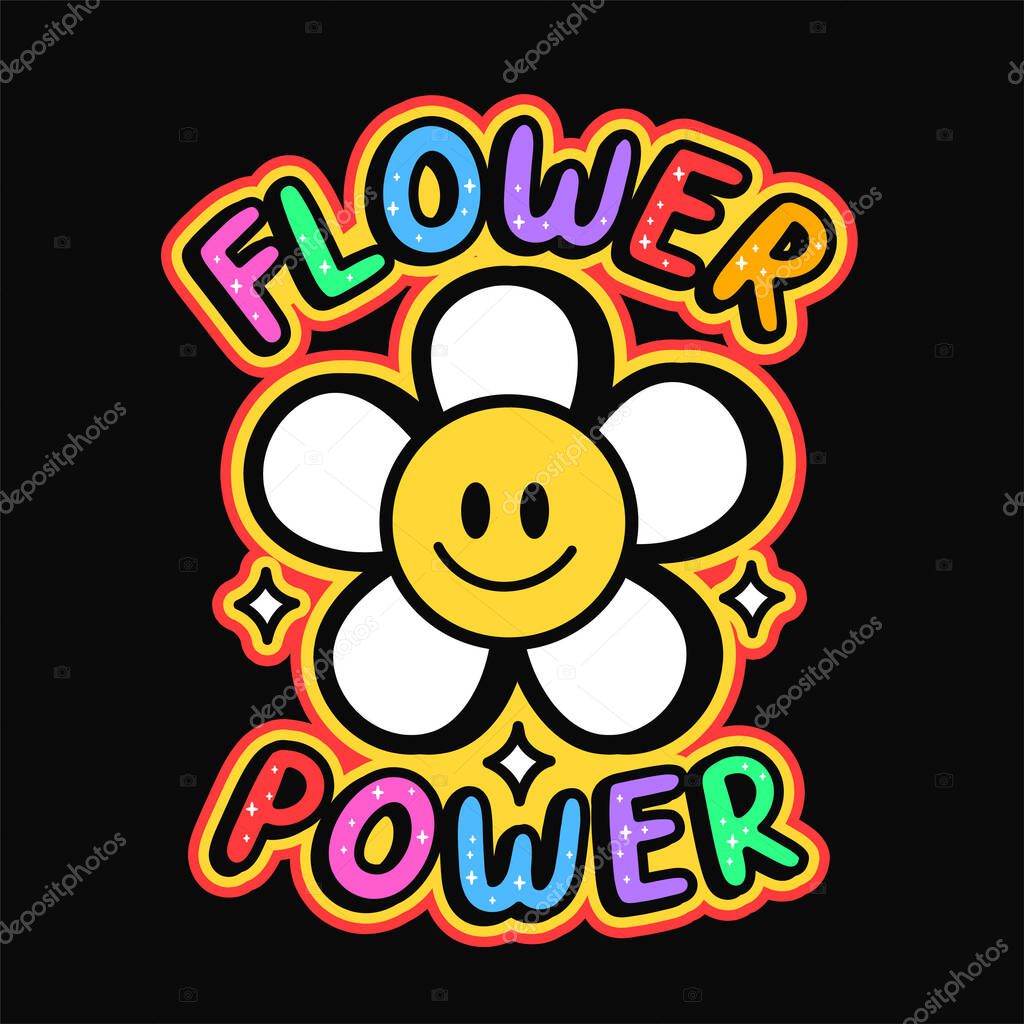 Smile emoji face in flower t-shirt print design.Flower power slogan.Vector hand drawn trendy cartoon logo illustration.Hippie smile face,60s,70s,groovy fashion print for t-shirt,poster concept