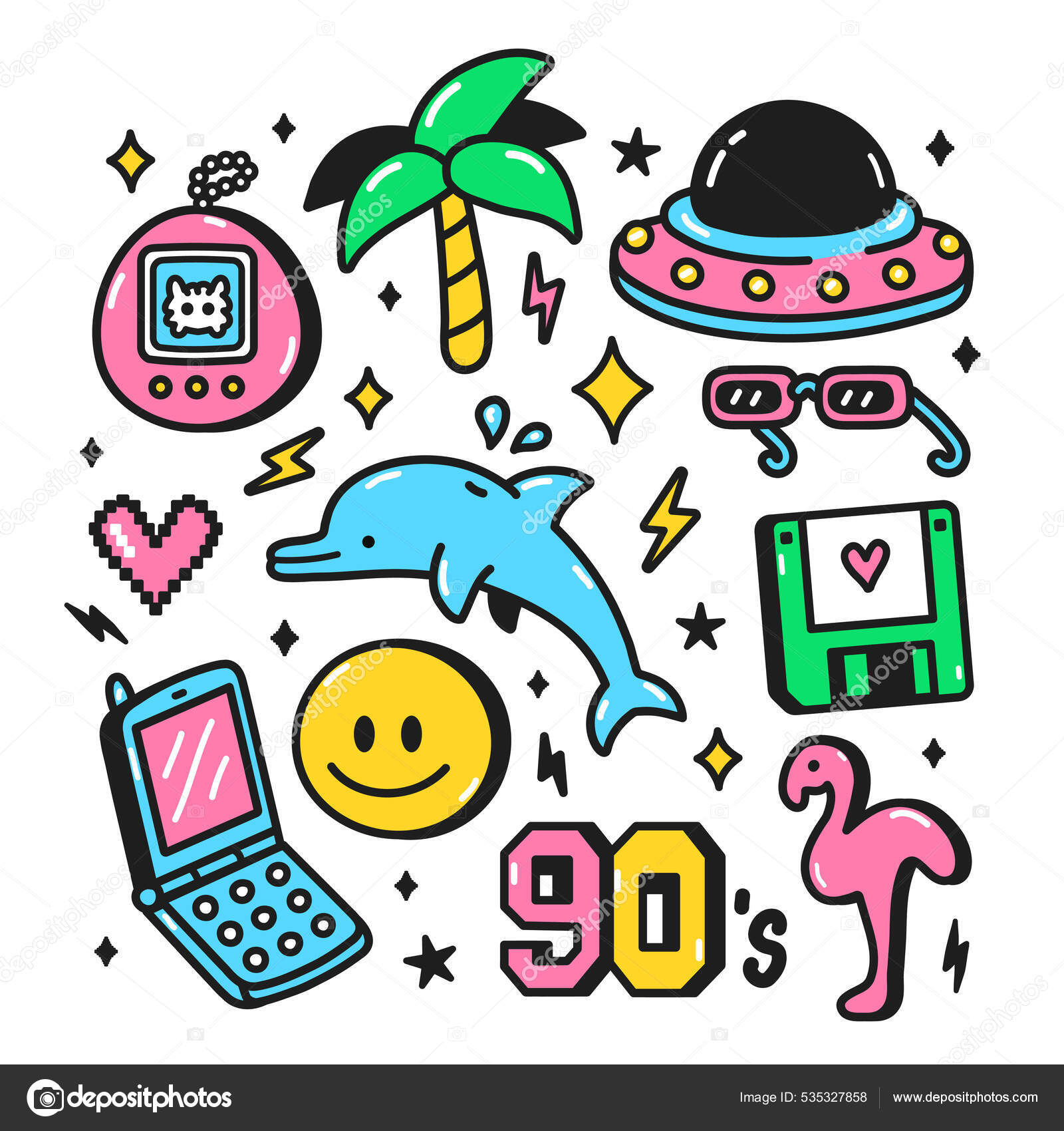 90s retro vintage teen style stickers set. Vector cartoon doodle character  illustration wallpaper design. 90s,1990,teenager,dolphin,palm,smile face  collection print for poster,t-shirt,card concept Stock Vector by ©Kahovsky  535327858