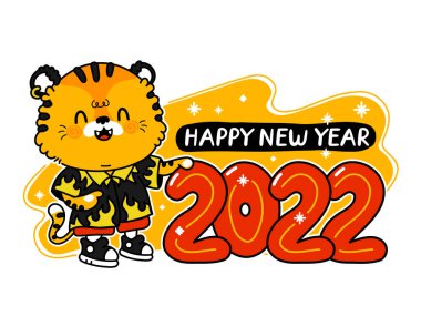 Mutlu komik 2022 Yeni Yıl sembolü kaplan ve sayılar. Vektör çizgi film kawaii karakter çizim simgesi. Beyaz arka planda izole edilmiş. 2022 Yeni Yıl karakterinin kaplan sembolü