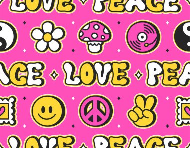 Hippie groovy 60s style seamless pattern.Peace,love quote word.Vector hand drawn trendy cartoon character illustration. Hippie,vintage,groovy,60s,70s,psychedelic music,acid seamless pattern concept clipart