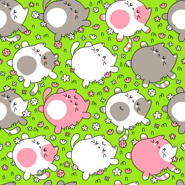 Tatlı komik kedi, çayırda dikişsiz bir desen üzerinde uyuyor. Vektör el çizilmiş karikatür çizgi filmi Kawaii karakter çizim logosu. Sevimli mutlu kediler uyur, rahat rüya görür, tembel çizgi film karakteri kusursuz desen konsepti