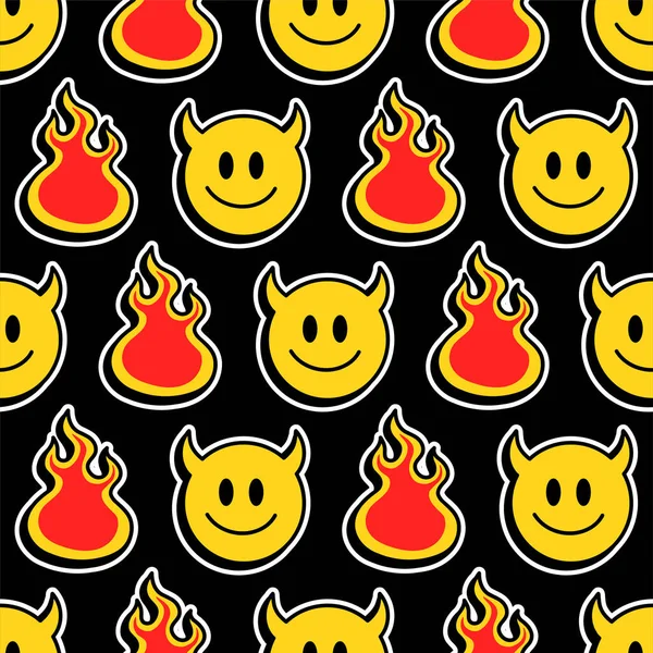 Lustiges Lächeln Gesicht mit Dämonenhörnern und Höllenfeuer nahtlose pattern.Vector Cartoon Kawaii Charakter Illustration Ikone design.Positives Lächeln Gesicht, Dämon, Teufel, Feuer, Hölle nahtlose Musterkonzept — Stockvektor