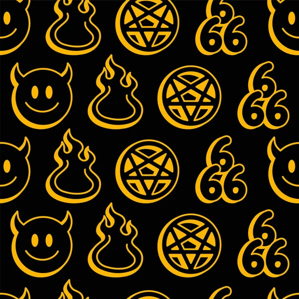 面白い鬼の笑顔の顔、地獄の火、 666番号、五角形のシームレスなパターン。ベクトル漫画のカワイイキャラクターイラストのアイコンのデザイン。 — ストックベクタ