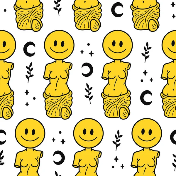 Ancient Greek Venus statue with smile emoji face seamless pattern. Vector hand drawn doodle line cartoon character illustration. Venera, Venus Greek, smile statue print seamless pattern concept — Stock Vector