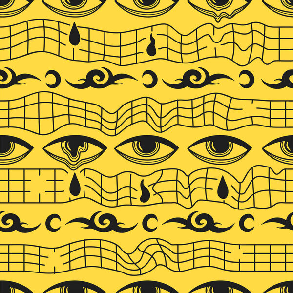 Trippy eye,deformed techno grid,tribal seamless pattern.Vector hand drawn cartoon illustration. Melting, techno, acid, trippy,eye, tribal,psychedelic fashion seamless pattern wallpaper print concept