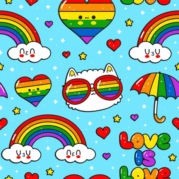 Şirin kawaii Gay, LGBT kusursuz desen. Vektör karikatür karakter çizimi tasarımı. Gay, lgbt rigts, gökkuşağı, kalp dikişsiz baskı tasarımı poster, tişört konsepti — Stok Vektör