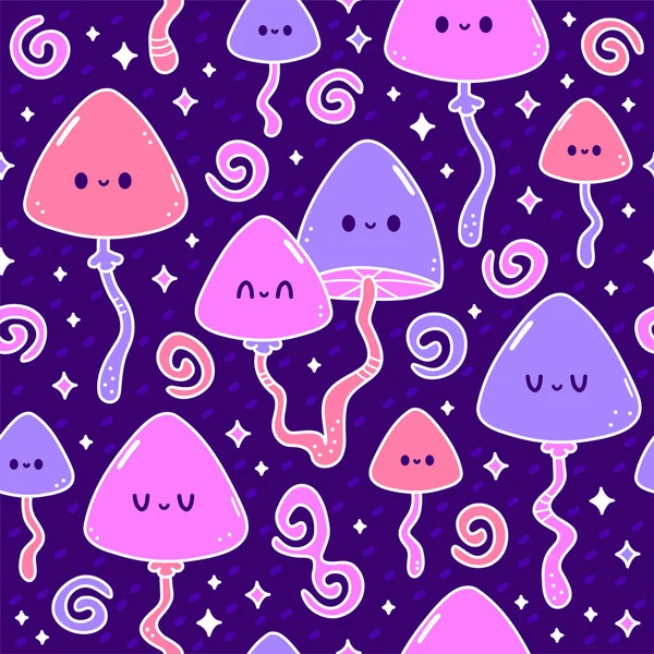 Cute happy smile magic mushroom,psilocybin seamless pattern. Vector cartoon character illustration.Hippie,magic mushroom,psilocybin,acid,groovy,60s,70s,psychedelic trippy seamless pattern concept — Stock Vector