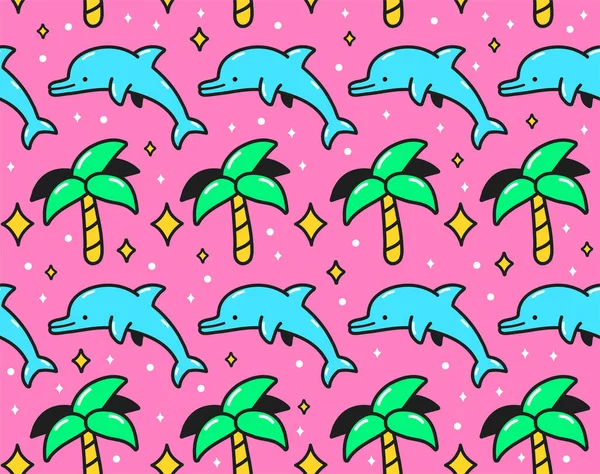 90年代的粉色复古棕榈和跳跃海豚无缝图案。矢量卡通涂鸦人物插图壁纸设计.90 、 80 、海豚、海报手印、 T恤无缝图案概念 — 图库矢量图片