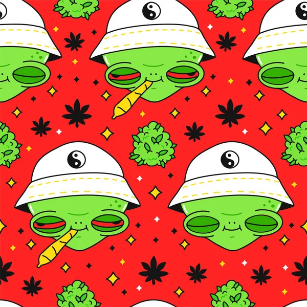 Cute funny happy alien smile face and weed marijuana joint seamless pattern. Vector kawaii cartoon illustration design. Cute alien,smoking weed marijuana joint,weed,cannabis seamless pattern concept — Stock Vector