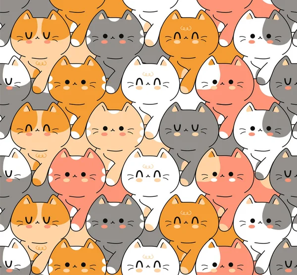 귀엽고 우스꽝 스러운 고양이들은 패턴 이 없습니다. 벡터 손으로 낙서 만화 인 kawaii 문자 그림 로고를 그렸습니다. 귀엽고 행복 한 고양이 만화 카와 비 바다없는 무늬 개념 — 스톡 벡터