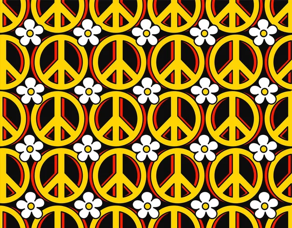 ヒッピー70平和主義のシンボルと花のシームレスなパターン。ベクトル手描きラインドア漫画イラスト壁紙。Trippy 70年代lsdプリント、 60年代パシフィックサークル、ヒッピーシンボルシームレスパターンコンセプト — ストックベクタ