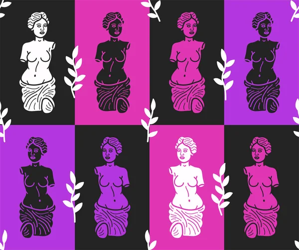 Die antike griechische Venus-Statue hat ein nahtloses Muster. Vector handgezeichnete Doodle Line Zeichentrickfigur Illustration. Venera, Venus Greek, Greece Statue Print nahtloses Musterkonzept — Stockvektor