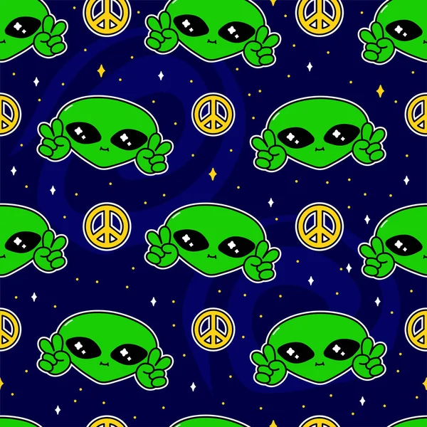 Engraçado engraçado rosto sorriso alienígena feliz mostrar paz gesto cosmos sem costura padrão. Desenho de ilustração de desenho animado vetorial kawaii. Bonito desenho animado hippue alien, ufo, cosmos, universo, conceito de padrão sem costura espaço — Vetor de Stock