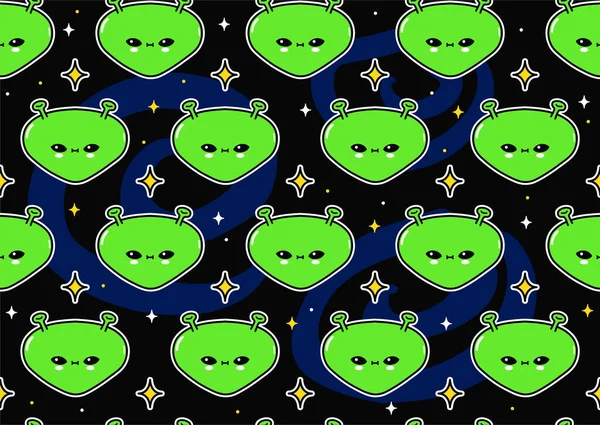 Bonito engraçado rosto sorriso alienígena feliz no padrão sem costura cosmos. Desenho de ilustração de desenho animado vetorial kawaii. Desenhos animados bonito alien, ufo, estrelas, cosmos, universo, conceito de padrão sem costura espaço — Vetor de Stock