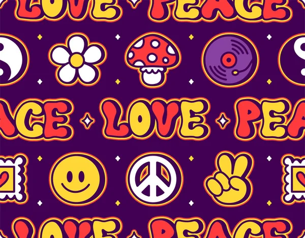 Hippie groovy 60s style seamless pattern.Peace,love quote word.Vector hand drawn trendy cartoon character illustration. Hippie,vintage,groovy,60s,70s,psychedelic music,acid seamless pattern concept — Stock Vector