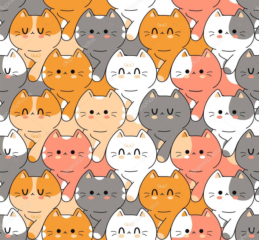 Cute funny cats seamless pattern.Vector hand drawn doodle cartoon kawaii character illustration logo. Cute happy cats cartoon kawaii seamless pattern concept