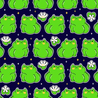 Cute funny green frog seamless pattern. Vector hand drawn cartoon kawaii character illustration design set. Funny cartoon toad frog,butt mascot kawaii character seamless pattern concept
