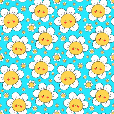 Şirin komik kawaii gülüşü mavi arka planda çiçeklerle karşılaşıyor. Vektör çizgi film kawaii karakter çizimi. Pozitif klasik gülümseme, papatya çiçeği dikişsiz desen konsepti.