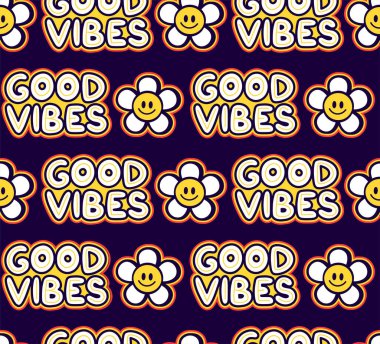 Güzel titreşimler, komik hippi alıntısı, çiçekler kusursuz desen. Vektör el çizimi çizgi film karakteri çizimi. İyi titreşimler, çiçek, hippi, 60 'ların modası kusursuz desenli baskı konsepti