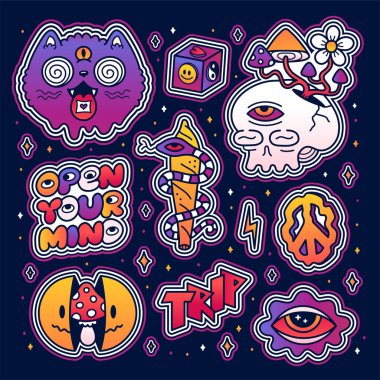 Tuhaf, psikedelik çıkartmalar basılmış. Vektör karikatür çizimi etiket paketi tasarımı. Psikedelik, moda, uçuk, LSD asit, tişört, poster, kart konsepti için sihirli mantar baskısı