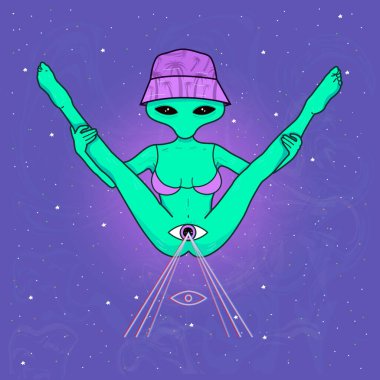 Uzaylı seksi kız uzayda. Vektör çizgi film karakteri çizimi. Uzaylı UFO kızı, kozmosta bikinili seksi güzel bayan tişört, poster ve kapak için masonik üçgen göz izi.