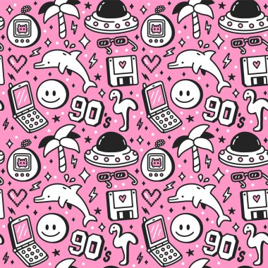 90 'ların modası geçmiş gençlik tarzında kusursuz bir model. Vektör karikatür karakteri çizimi duvar kağıdı tasarımı. 90 'larda, 1990' larda, ergen, yunus, avuç içi, gülücük izi poster için, tişörtsüz desenli konsept