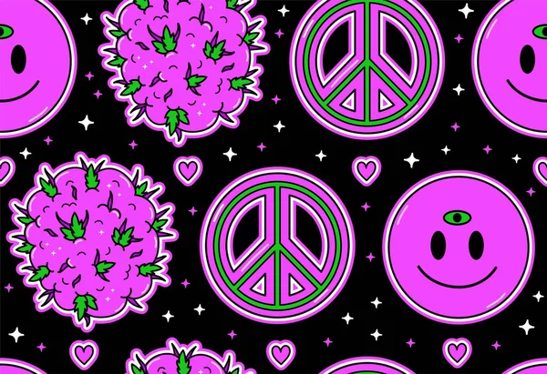 Hippie mírový symbol, plevel bud, srdce, úsměv emoji tvář fialové bezešvé vzor. Vektorové kreslené postavy ilustrace.Hippie, konopí, vintage, groovy, 60s, 70s, psychedelická fialová bezešvé vzor koncepce — Stockový vektor