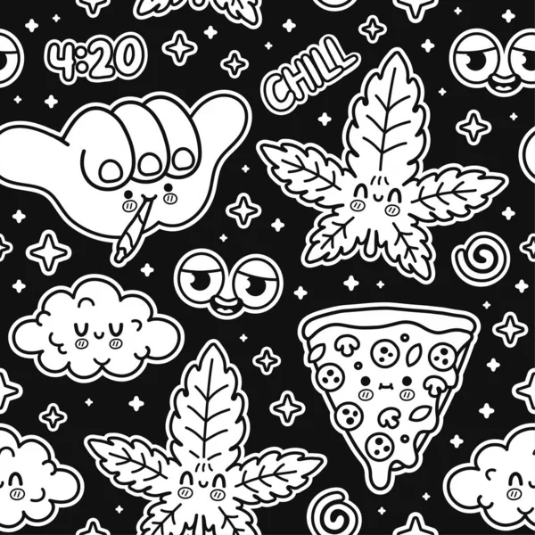 Monochromatický plevel marihuana, shaka gesto, pizza, mrak, červené oči bezešvé vzor. Vector doodle line karikatura kawaii znak ilustrace ikony design. Trippy, plevel, 420 bezproblémový vzor koncept — Stockový vektor