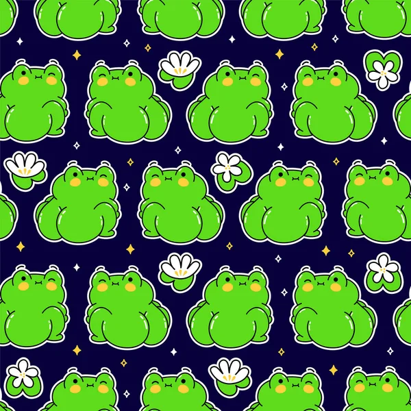 Cute funny green frog seamless pattern. Vector hand drawn cartoon kawaii character illustration design set. Funny cartoon toad frog,butt mascot kawaii character seamless pattern concept — Vector de stock