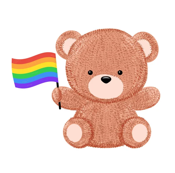 LGBT bayrağı olan sevimli komik ayı oyuncağı. Vektör çizgi film Kawaii el çizimi kalem stili karakter çizimi. Komik mutlu ayı, LGBT, giyim, kart, tişört, logo, poster konsepti için gey bayrak baskısı — Stok Vektör