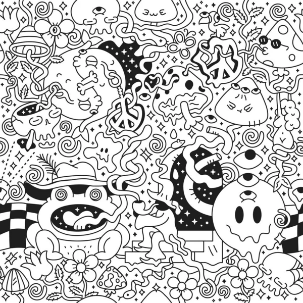 Psychedelic trippy seamless pattern,page for coloring book.Mushroom,magic wizard smoking.Vector cartoon character illustration.Trippy 60s,70s,magic mushroom,acid,cannabis seamless pattern art concept — Stock Vector