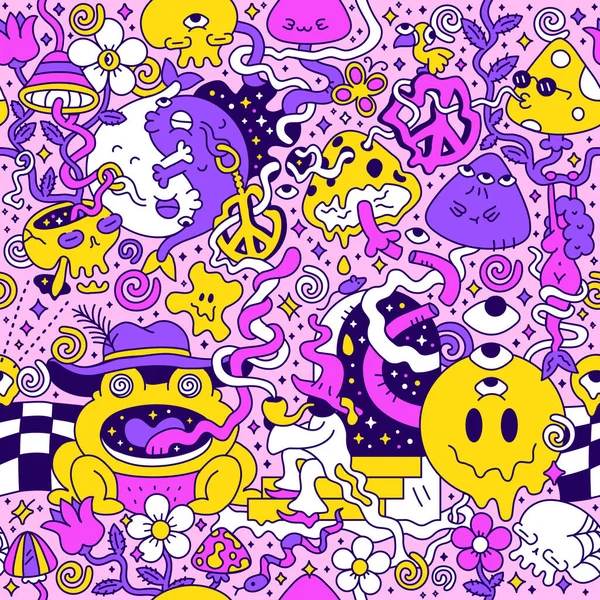 Psychedelic trippy seamless Pattern.Mushroom, mágico assistente fumar, derreter sorriso face.Vector desenho animado personagem ilustração design.Trippy 60s, 70s, cogumelo mágico, ácido, cannabis sem costura conceito de arte padrão —  Vetores de Stock