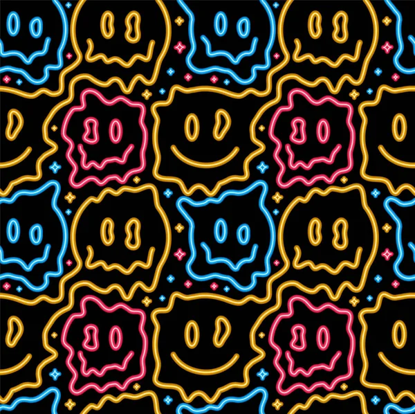 Roligt psykedeliskt surrealistiskt smält leende ansikte neon ljus sömlös mönster. vektor illustration sömlös mönster. leende gul neon ansikte smälta, syra, techno, trippy tryck för t-shirt, affisch, kort koncept — Stock vektor