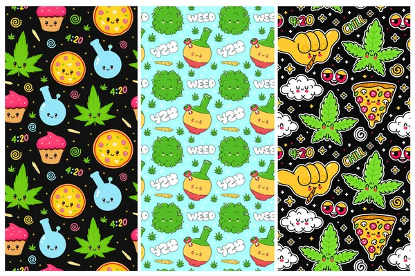 Cute kawaii happy weed,trippy 3 seamless patterns set collection.Vector hand drawn cartoon character illustration.Smile trippy face,weed,cannabis,marijuana seamless pattern set bundle concept — Stock Vector