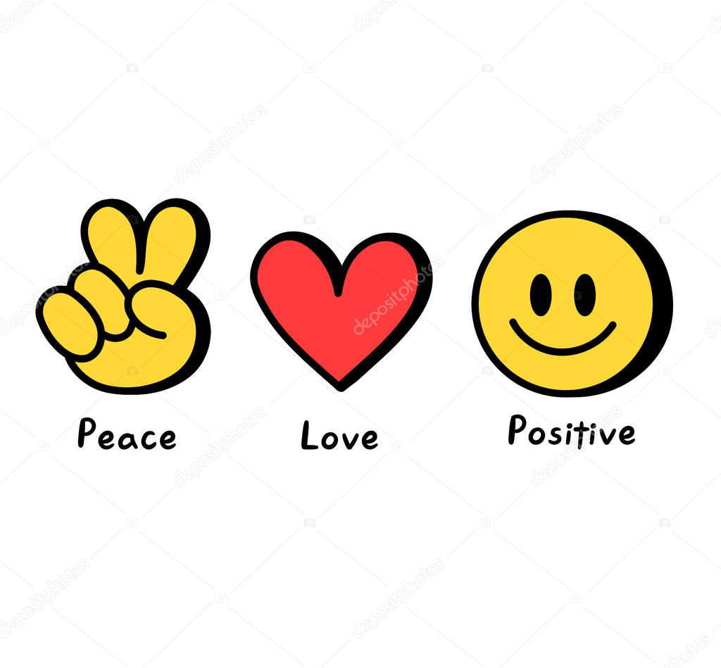 Peace,love,positive concept print for t-shirt.Vector cartoon doodle line graphic illustration logo design.Peace sign,heart,smile emoji face,hippie print for poster,t-shirt,logo concept
